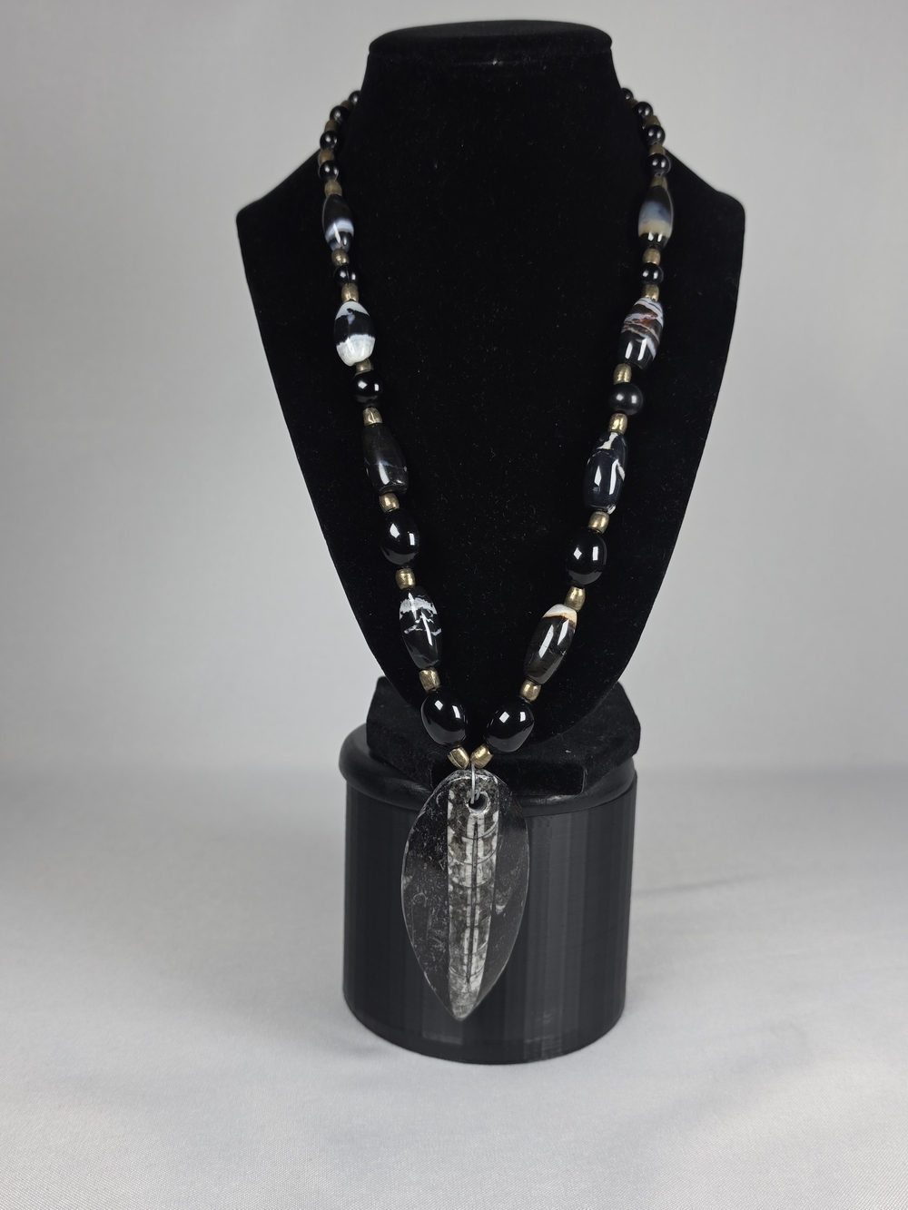 Fossil Necklace Orthoceras Black Onyx Agate Statement Jewelry Natural History